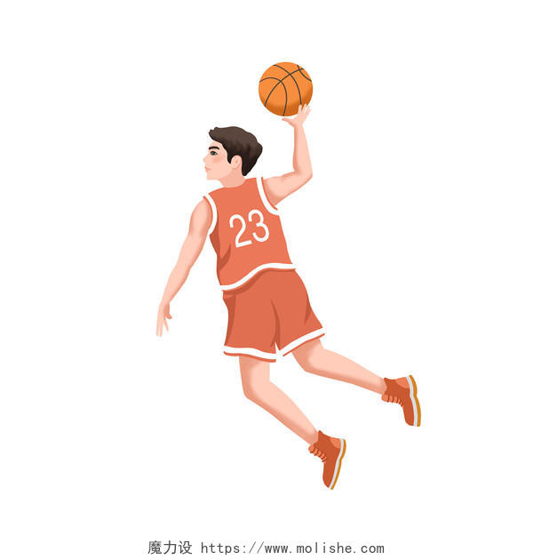红色卡通男孩打篮球插画元素
